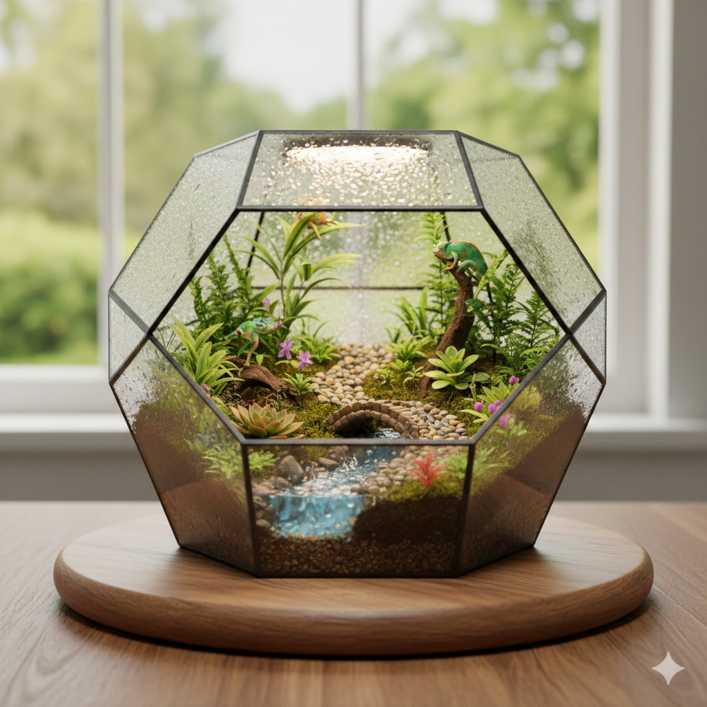 Glass terrarium with lush plants